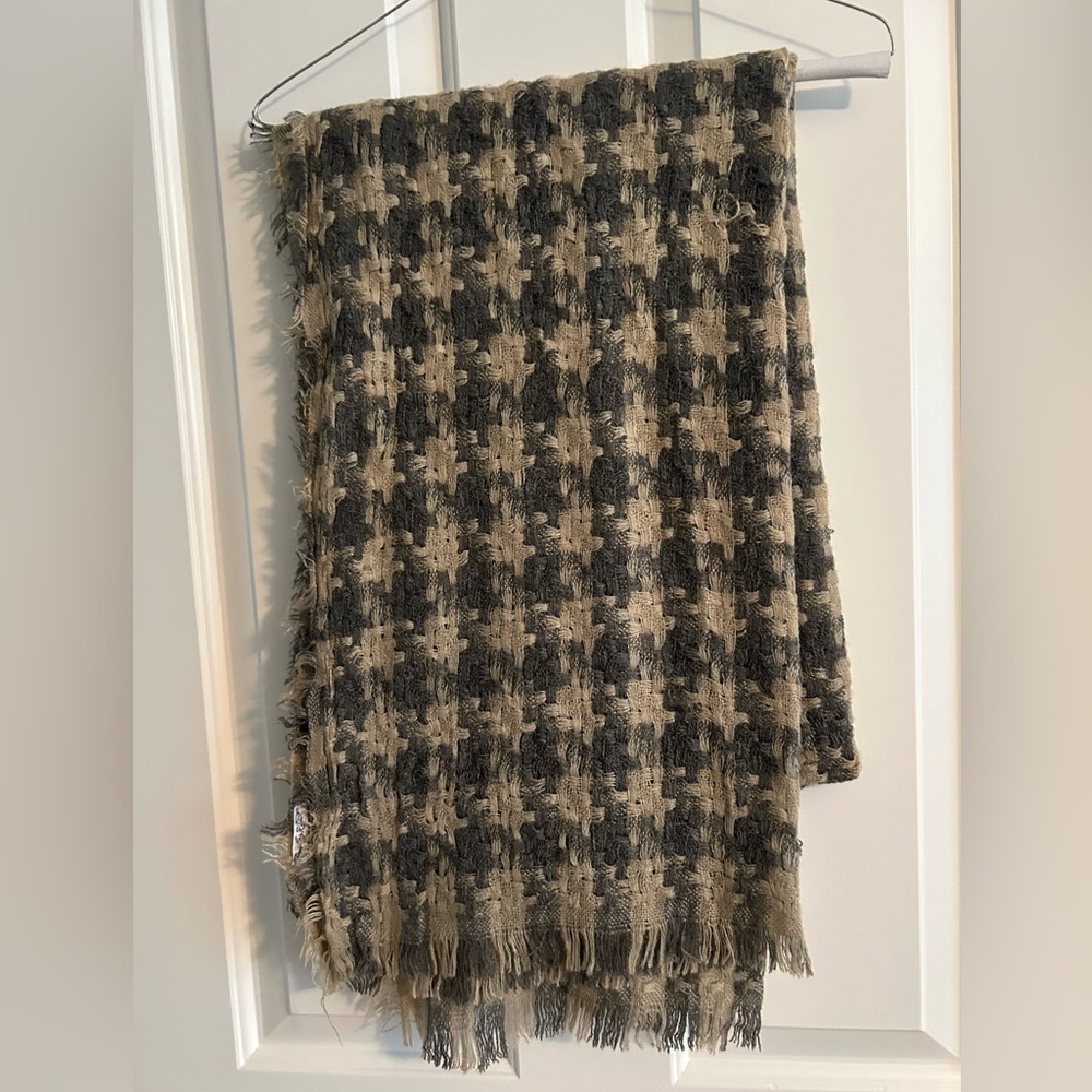 Camel and Gray Woven Scarf with Fringe Edges